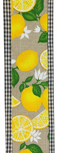 1.5"x10yd Lemon w/Leaves And Gingham Edge, Natural/Yellow/Green/Black/White  FF3