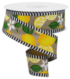 1.5"x10yd Lemons w/Leaves And Border Stripe, Light Beige/Yellow/Green/Black/White  B64