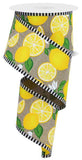 2.5"x10yd Lemons w/Leaves And Border Stripe, Light Beige/Yellow/Green/White  B64
