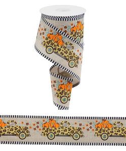 2.5"x10yd Leopard Truck w/Pumpkins And Border Stripe On Royal Burlap, Natural/Dark Gold/Brown/Black/Orange/White  B57