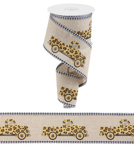 2.5"x10yd Leopard Truck w/Gingham Border, Natural/Dark Gold/Brown/Black  J62