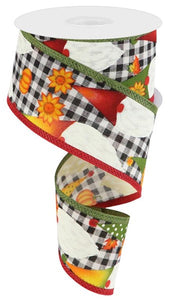 2.5"x10yd Gnome W/Pumpkins And Leaves On Check, Dark Cream/Burgundy/Orange/Yellow  FF77