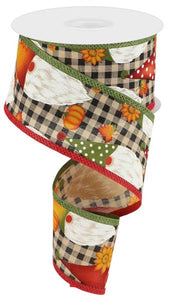 2.5"x10yd Gnome W/Pumpkins And Leaves On Check, Tan/Burgundy/Orange/Yellow  FF77