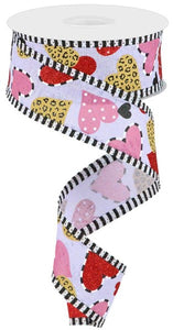 1.5"x10yd Multi Patterned Hearts On Royal w/Border Stripes, Lavender/Red/White/Pink/Black  FF52
