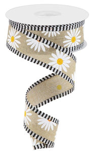 1.5"x10yd Daisy On Royal Burlap w/Stripes, Light Beige/White/Yellow/Orange/Black  MY15D