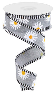1.5"x10yd Daisy On Royal Burlap w/Stripes, New Grey/Black/White/Yellow/Orange  MY15