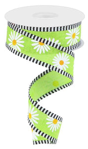 1.5"x10yd Daisy On Royal Burlap w/Stripes, Lime/Black/White/Yellow/Orange  MY16