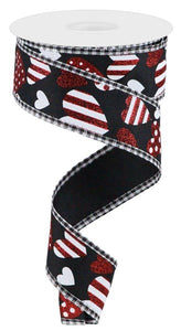 1.5"x10yd Valentine Hearts w/Gingham, Black/White/Red  FF73