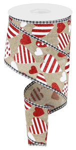 2.5"x10yd Valentine Hearts On Diagonal Weave w/Gingham, Beige/Red/Black/White  MY8