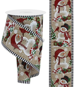 2.5"x10yd Snowmen w/Cardinals And Presents On Royal Burlap w/Striped Edge, Light Beige/White/Red/Green/Black  OC40