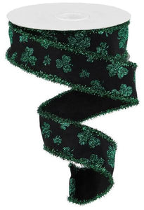 1.5"x10yd Glitter Shamrocks w/Tinsel, Black/Kelly Green  FB6