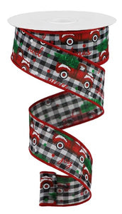 1.5"x10yd Christmas Trucks On Check, Black/White/Red/Green  G21