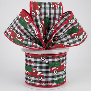2.5"x10yd Christmas Trucks On Gingham, Black/White/Red/Green  B15