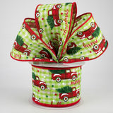 2.5"x10yd Christmas Trucks On Gingham, Bright Green/Red/Green  O37D