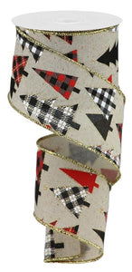 2.5"x10yd Plaid Trees On Royal, Light Natural/Red/Gold/Black/White  B1