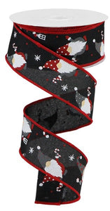 1.5"x10yd Christmas Gnomes On Royal Burlap, Black/Red/White  O51
