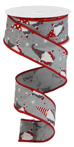 1.5"x10yd Christmas Gnomes On Royal Burlap, Light Grey/Red/White  O43