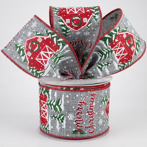 2.5"x10yd Christmas Barn On Royal Burlap , Grey/Red/White/Green  O19