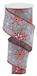 2.5"x10yd Snowflakes, Grey/White/Red Glitter  B20