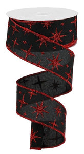 1.5"x10yd Retro Stars On Royal Burlap, Black/Red Glitter  B19 AP7