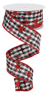 1.5"x10yd Retro Stars On Gingham Check, Black/White/Red Glitter  J8 J13