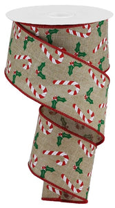 2.5"x10yd Candy Canes/Holly On Royal Burlap, Light Beige/White/Red/Emerald  G32