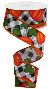 1.5"x10yd Pumpkin w/Leaves On Check, White/Orange/Yellow/Moss Green/Black  BT15