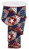 2.5"x10yd Patriotic Patchwork On Royal  Burlap, Light Beige/White/Red/Blue  MY58