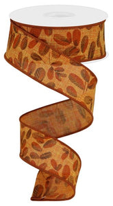 1.5"x10yd Bold Leaves On Royal Burlap, Talisman/Light Beige/Dark Brown/Dark Orange  MY60