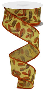 1.5"x10yd Bold Leaves On Royal Burlap, Mustard/Light Beige/Dark Brown/Dark Orange  MY52