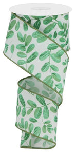 2.5"x10yd Bold Leaves On Royal Burlap, White/Blue Green/Dark Green/Sage Green  B94D