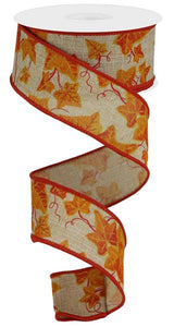 1.5"X10yd Ivy On Royal Burlap, Light Tan/Mustard/Orange/Red Orange  B94