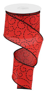 2.5"x10yd Dashed Swirls On Linen, Red/Black  AP27
