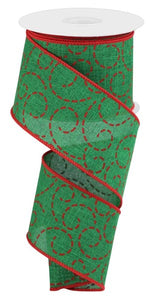 2.5"x10yd Dashed Swirls On Linen, Emerald Green/Red  AP9
