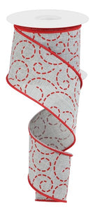 2.5"x10yd Dashed Swirls On Linen, Light Grey/Red  B91