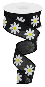 1.5"x10yd Daisy On Royal Burlap, Black/White/Yellow  OC5