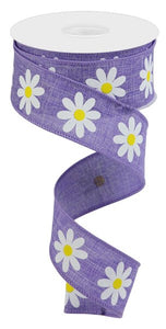 1.5"x10yd Daisy On Royal Burlap, Lavender/White/Yellow  FF85