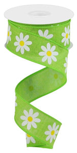 1.5"x10yd Daisy On Royal Burlap, Lime Green/White/Yellow  FF85