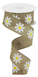 1.5"x10yd Daisy On Royal Burlap, Light Beige/White/Yellow  FF84