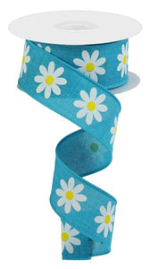 1.5"x10yd Daisy On Royal Burlap , Turquoise/White/Yellow  MY16