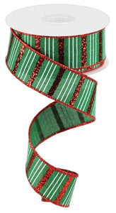 1.5"x10yd Glitter Horizontal Stripes, Emerald Green/Red/White  MY49