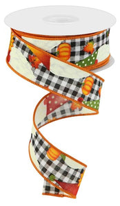 1.5"X10yd Gnome W/Pumpkins And Leaves On Check, White/Burgundy/Orange/Yellow  M32