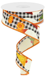 1.5"x10yd Gnome W/Pumpkins And Leaves On Check, Dark Cream/Burgundy/Orange/Yellow  FF4