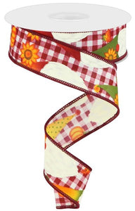 1.5"x10yd Gnome W/Pumpkins And Leaves On Check, Cream/Burgundy/Orange/Yellow  B98