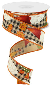 1.5"x10yd Gnome W/Pumpkins And Leaves On Check, Tan/Burgundy/Orange/Yellow  M28
