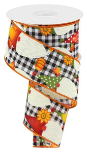 2.5"X10yd Gnome W/Pumpkins And Leaves On Check, White/Burgundy/Orange/Yellow  M28
