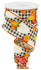 2.5"x10yd Gnome W/Pumpkins And Leaves On Check, Dark Cream/Burgundy/Orange/Yellow  BT12