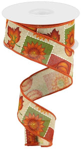 1.5"x10yd Pumpkin/Sunflower/Maple Leaf on Royal Burlap, Light Beige/Orange/Rust/Green  B36