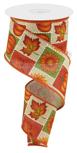 2.5"x10yd Pumpkin/Sunflower/Maple Leaf on Royal Burlap, Light Beige/Orange/Rust/Green  B29