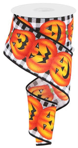 2.5"x10yd Jack-O-Lantern w/Glitter Check On Royal Burlap, White/Dark Orange/Yellow/Black  MY55
